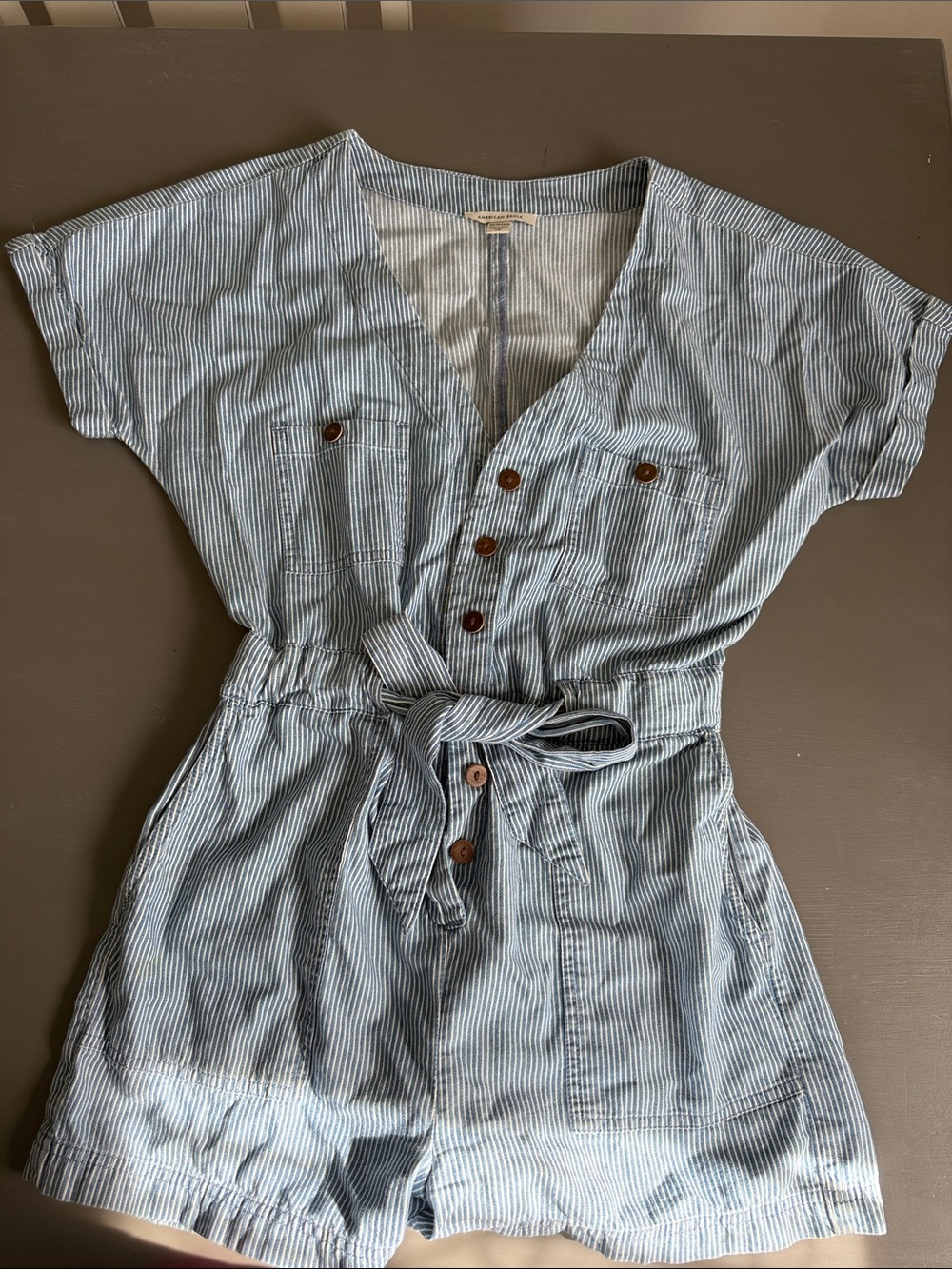 American Eagle Light Blue and White Striped Romper